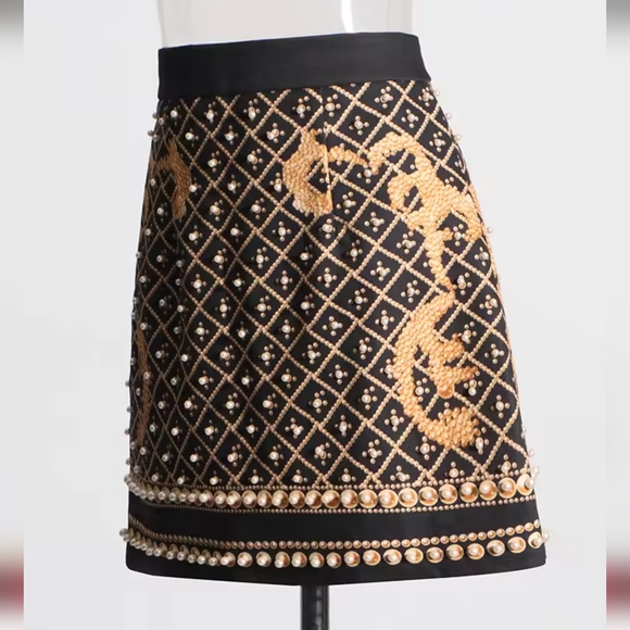 Colorblock Printing Mini Skirt For Women High Waist Patchwork Pearls Elegant - Picture 3 of 7